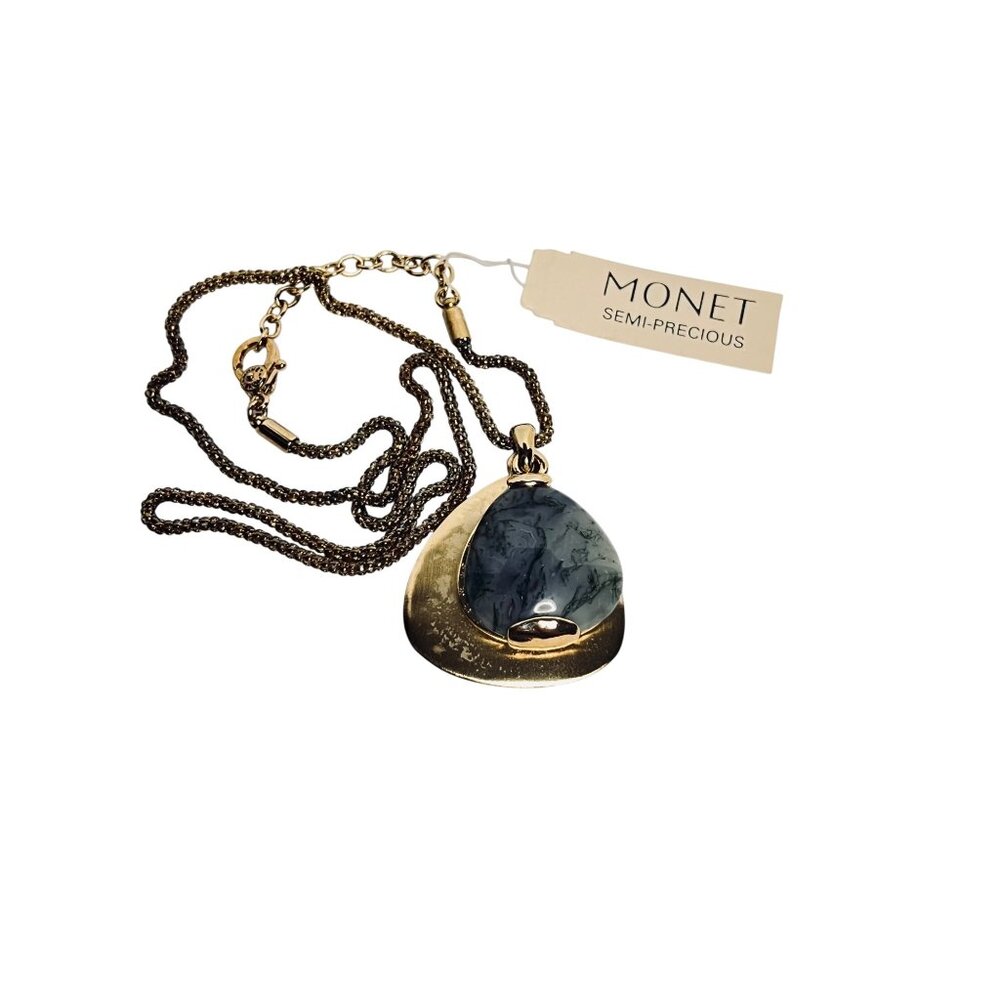 Monet Gold Tone Byzantine Chain Necklace W/ Blue Green Semi Precious Pendant (62 - Picture 8 of 8